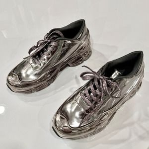 Dark Silver Metallic Chome Mirror Sneakers Lace Up Shoes Lucky Step Size 7